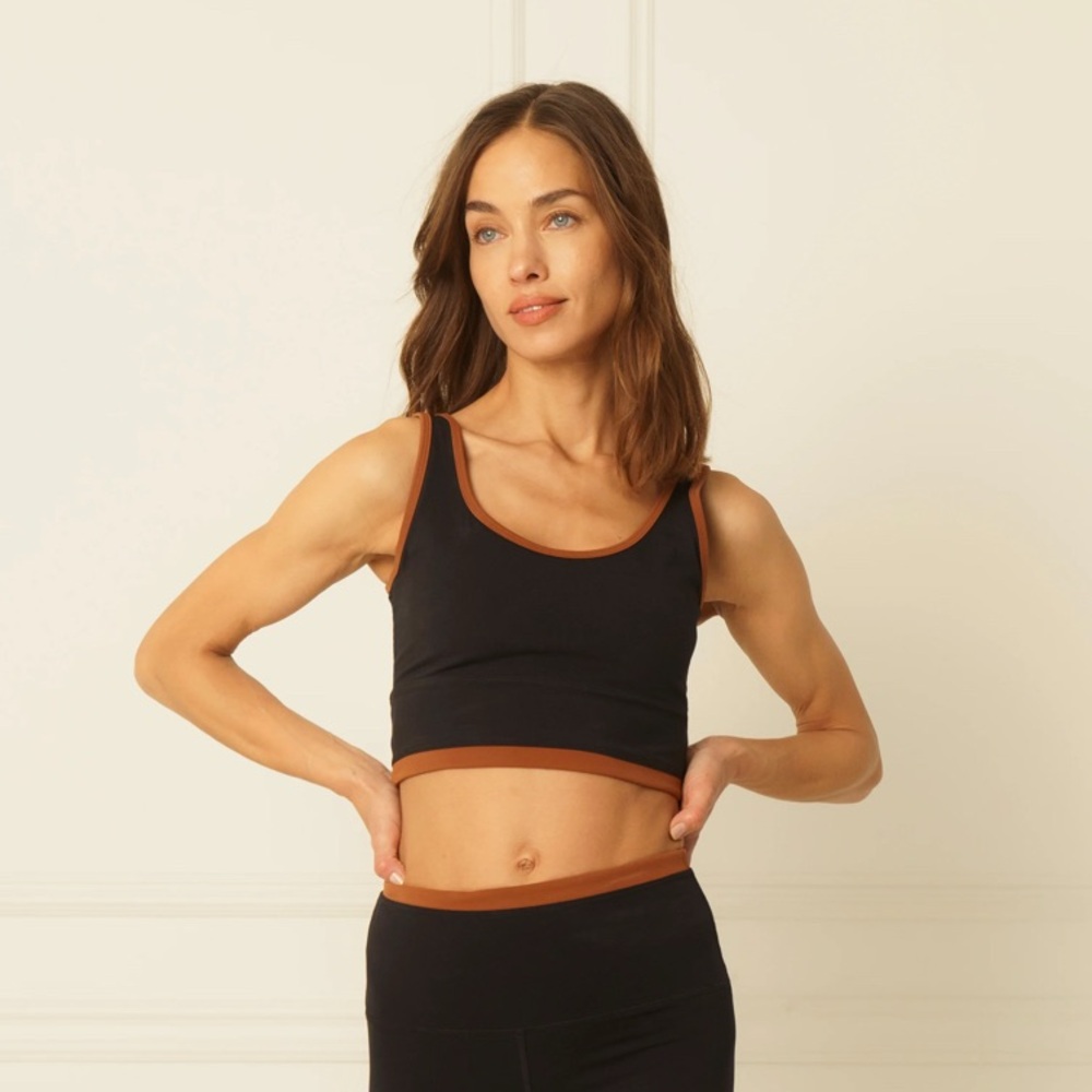 Black and Brown Sports Bra with Scoop Neckline and Thick Straps